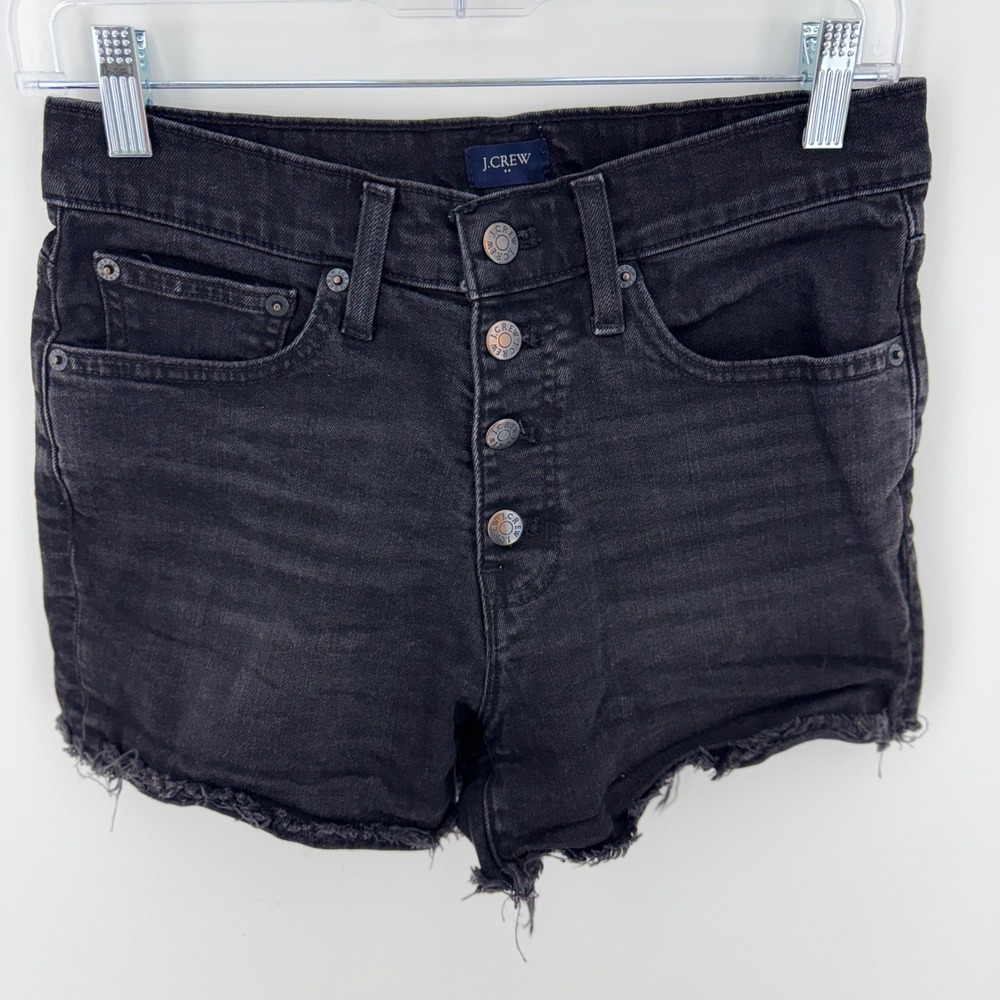 J.Crew Womens High Rise Button Fly Denim Shorts Black Frayed Hem AL583 Size 26